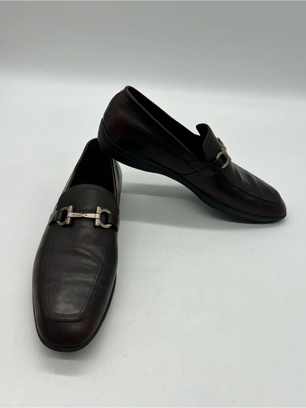 Salvatore Ferragamo Dark Brown Leather Men's Sz 9D Silver Gancini Bit Loafers